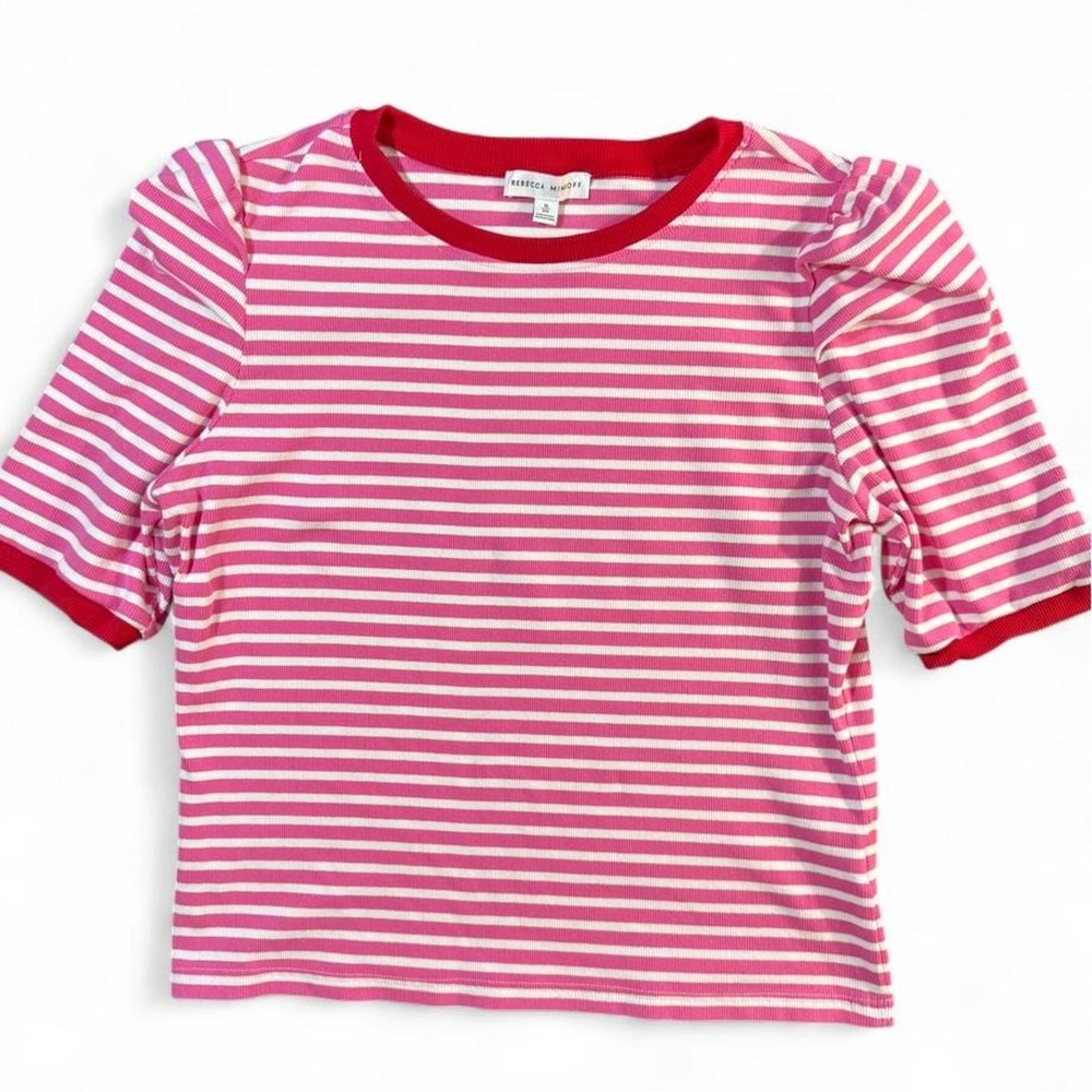 Rebecca Minkoff Pink Striped Ribbed Baby Tee Red Trim Retro Preppy Colorful Top